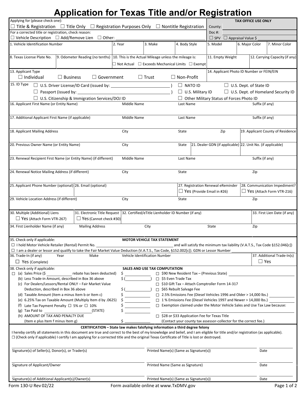 130-U Form