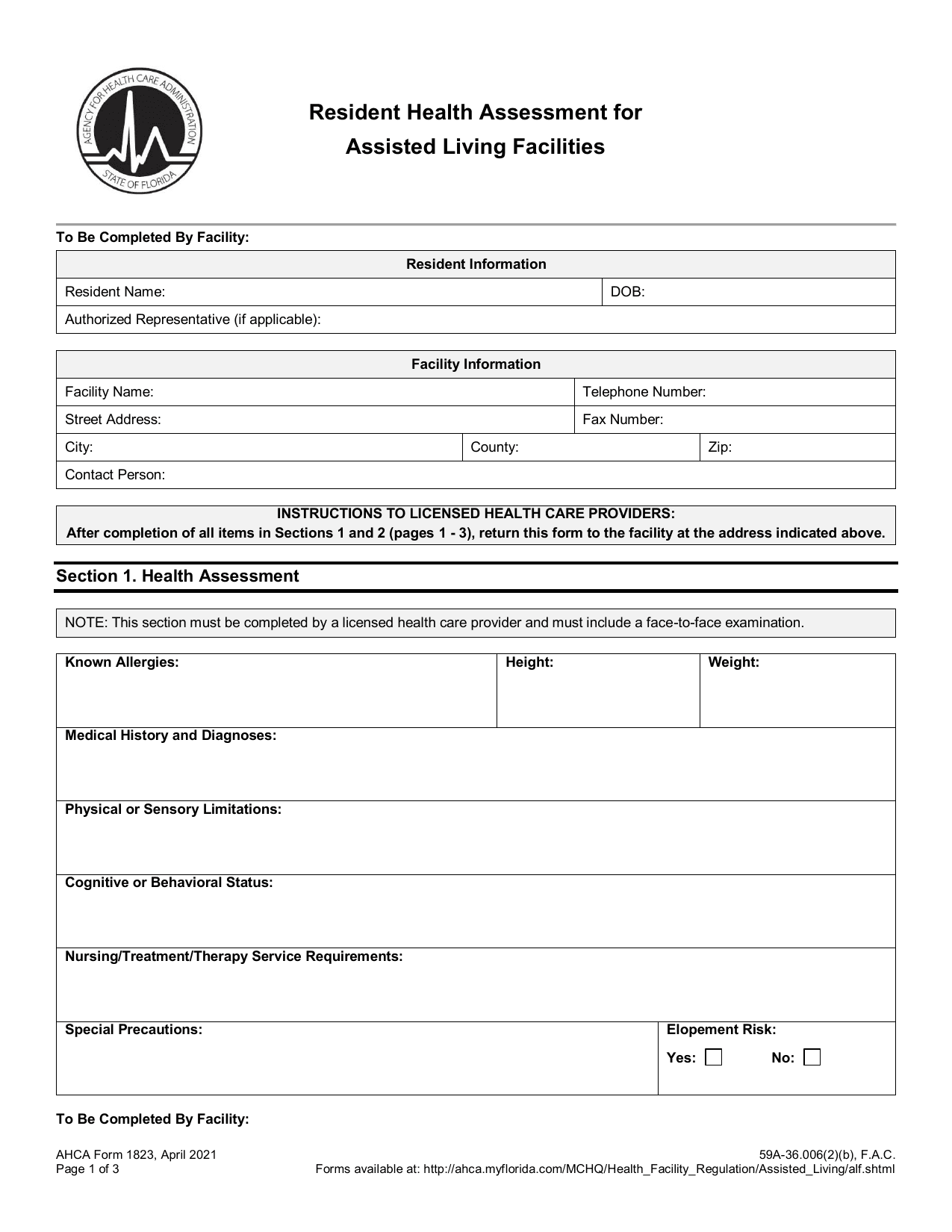 AHCA 1823 Form
