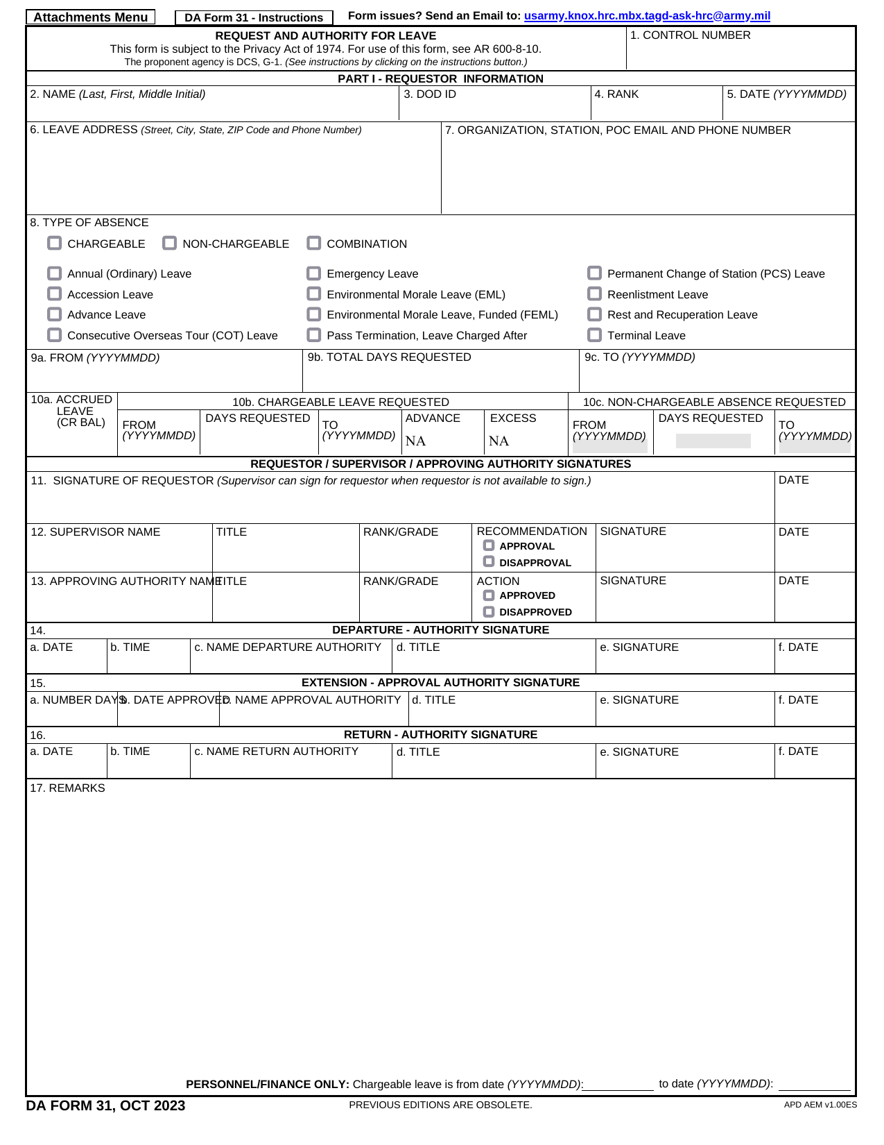DA 31 Form