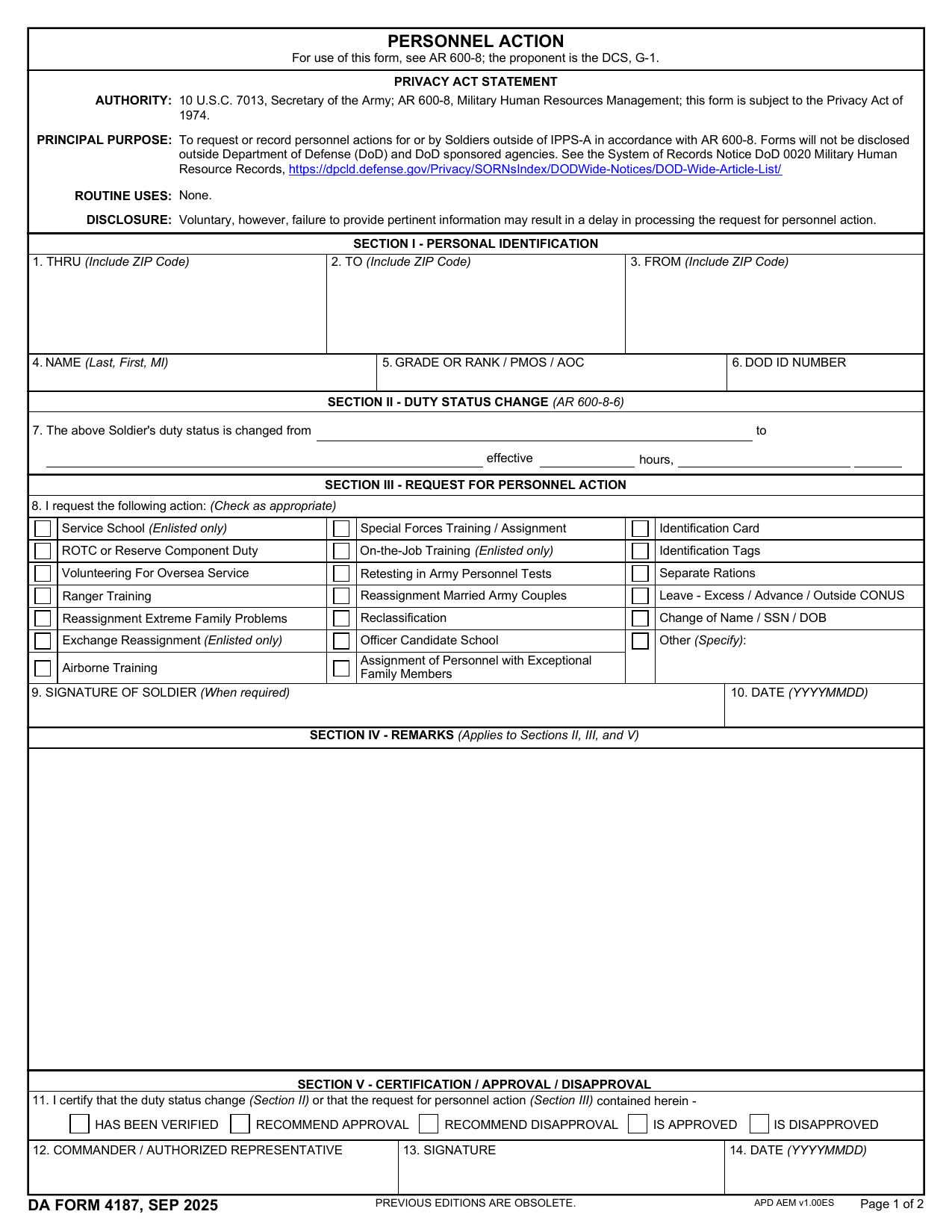 DA 4187 Form