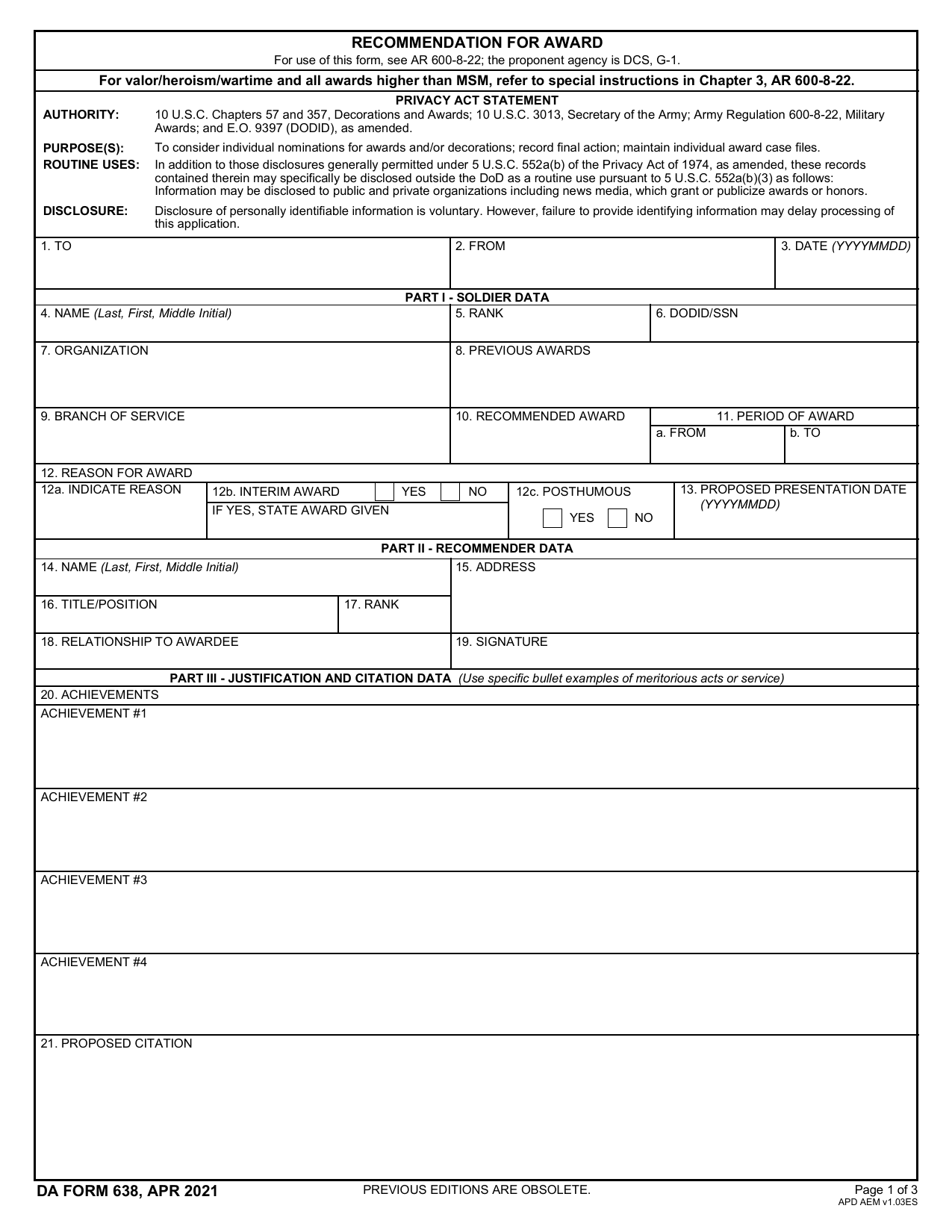 DA 638 Form
