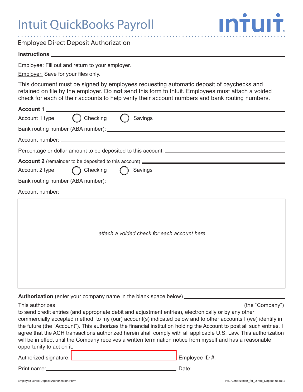Intuit Direct Deposit Authorization Form