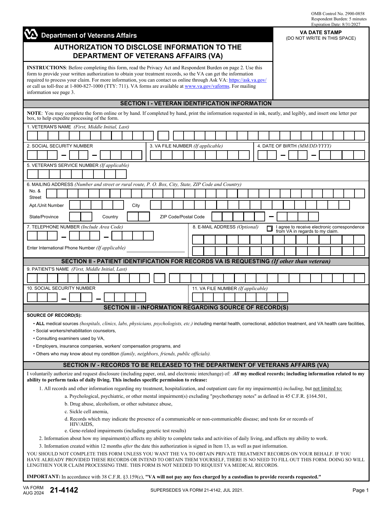 VA 21-4142 Form