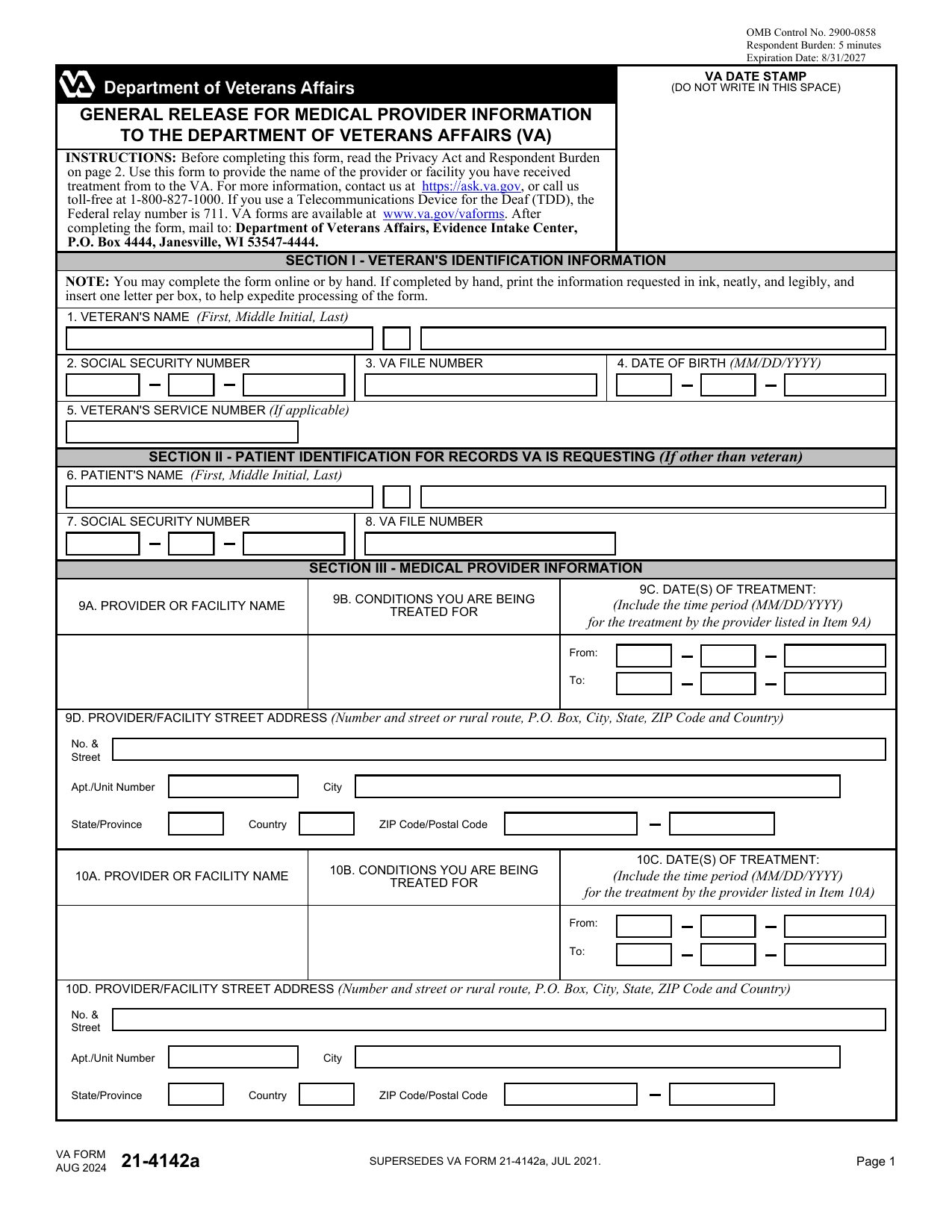 VA Form 21-4142a